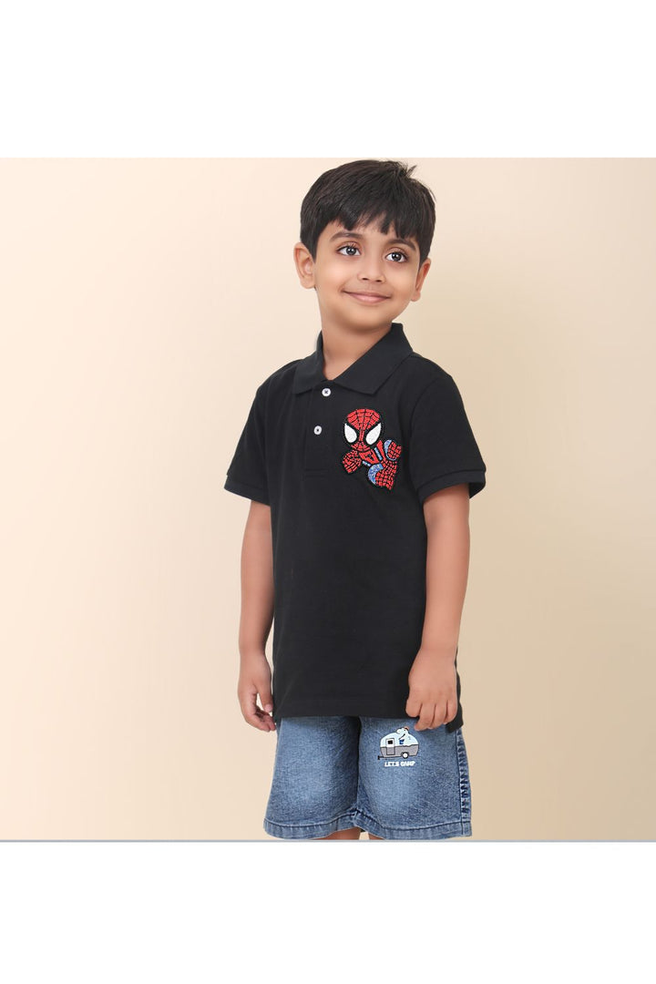 Black Hand Embroidered Spiderman Polo T-shirt