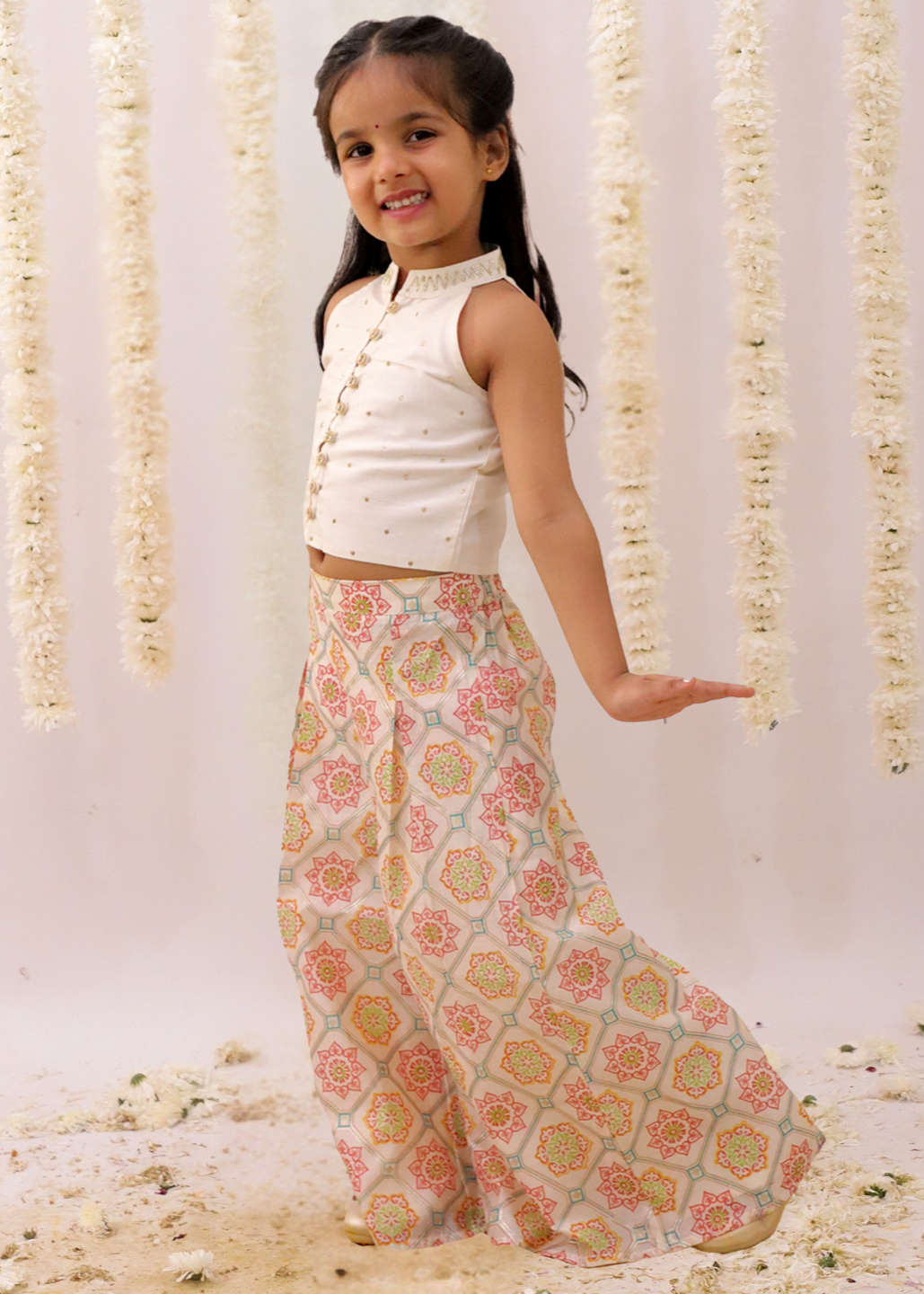 Mishti Off White Geometric Printed Top With Palazzo Set