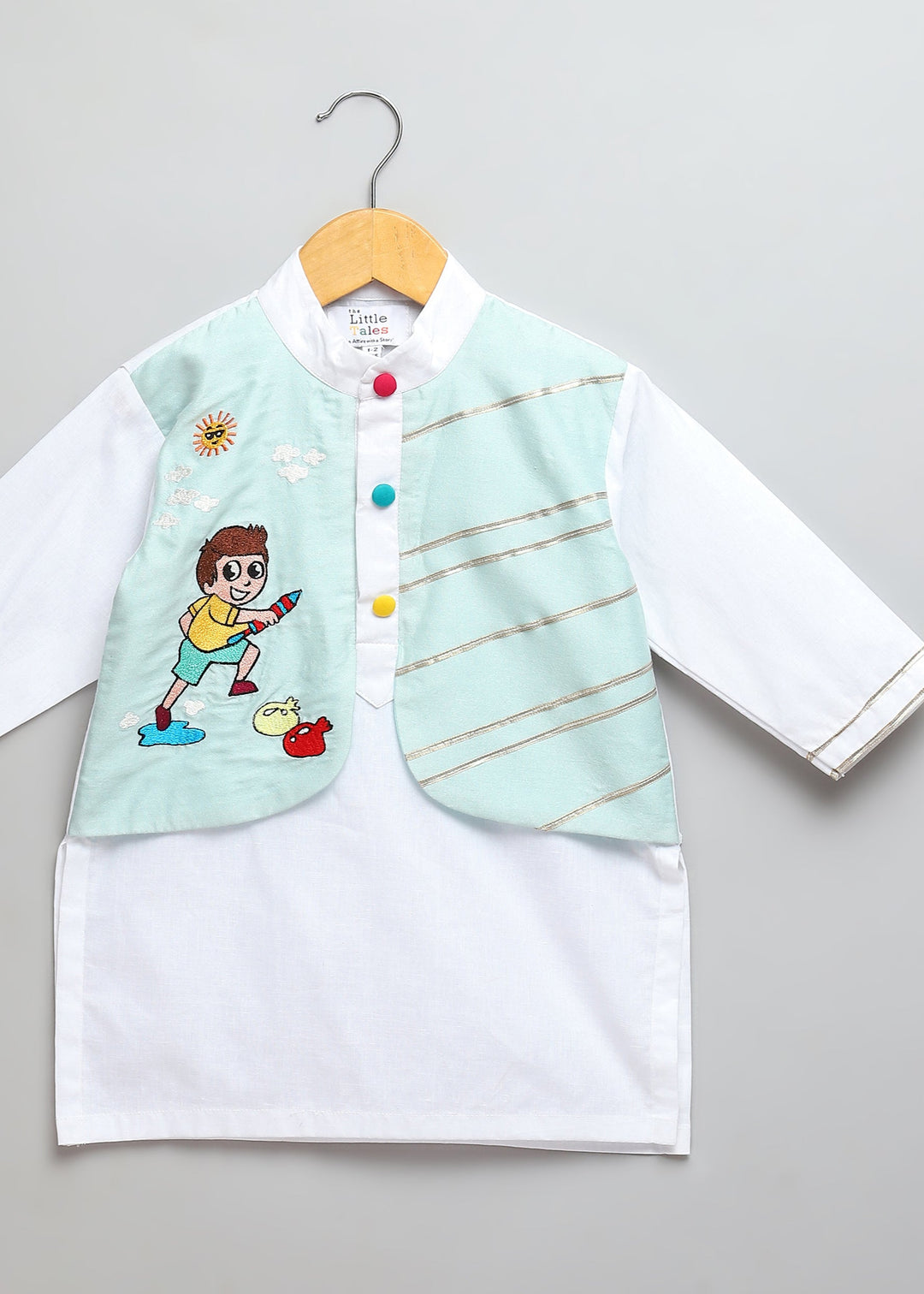 Holi Hai Bhai Embroidered Blue Kurta With Off White Pyjama Set