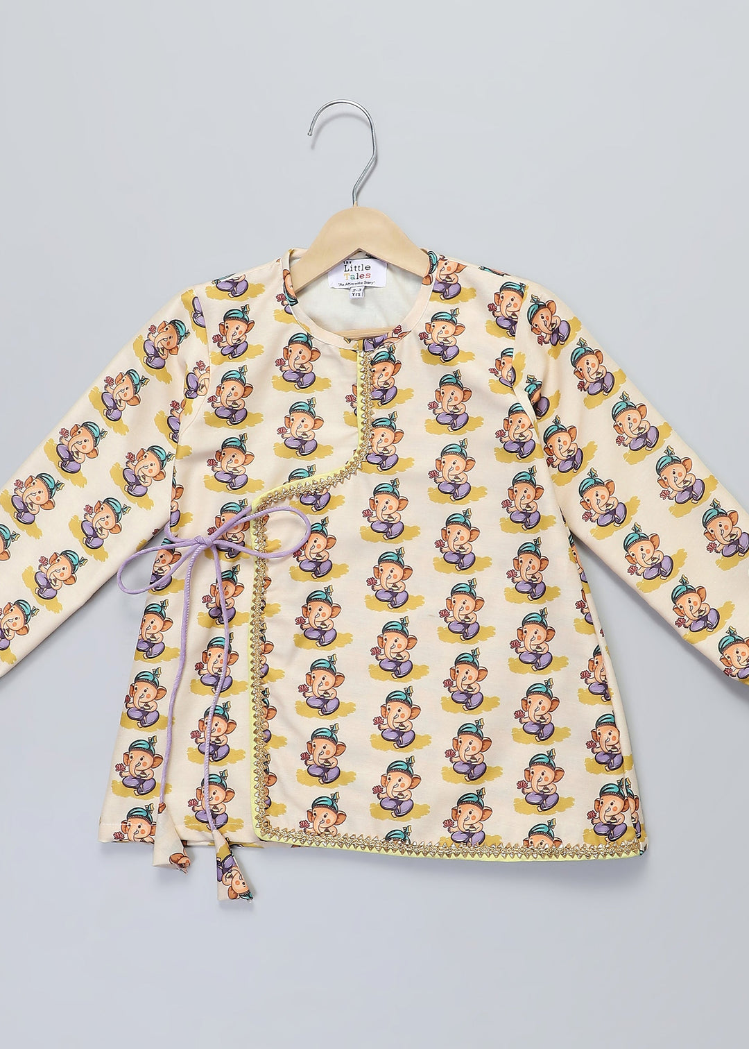 Off White Ganpati Printed Kurta With Yellow Dhoti Set