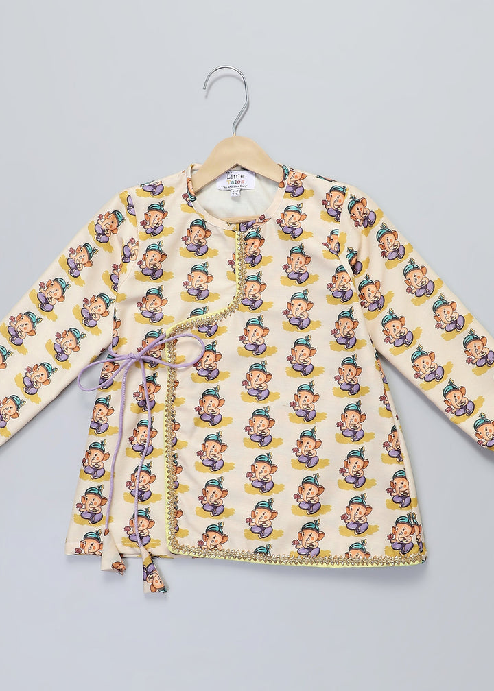 Off White Ganpati Printed Kurta With Yellow Dhoti Set