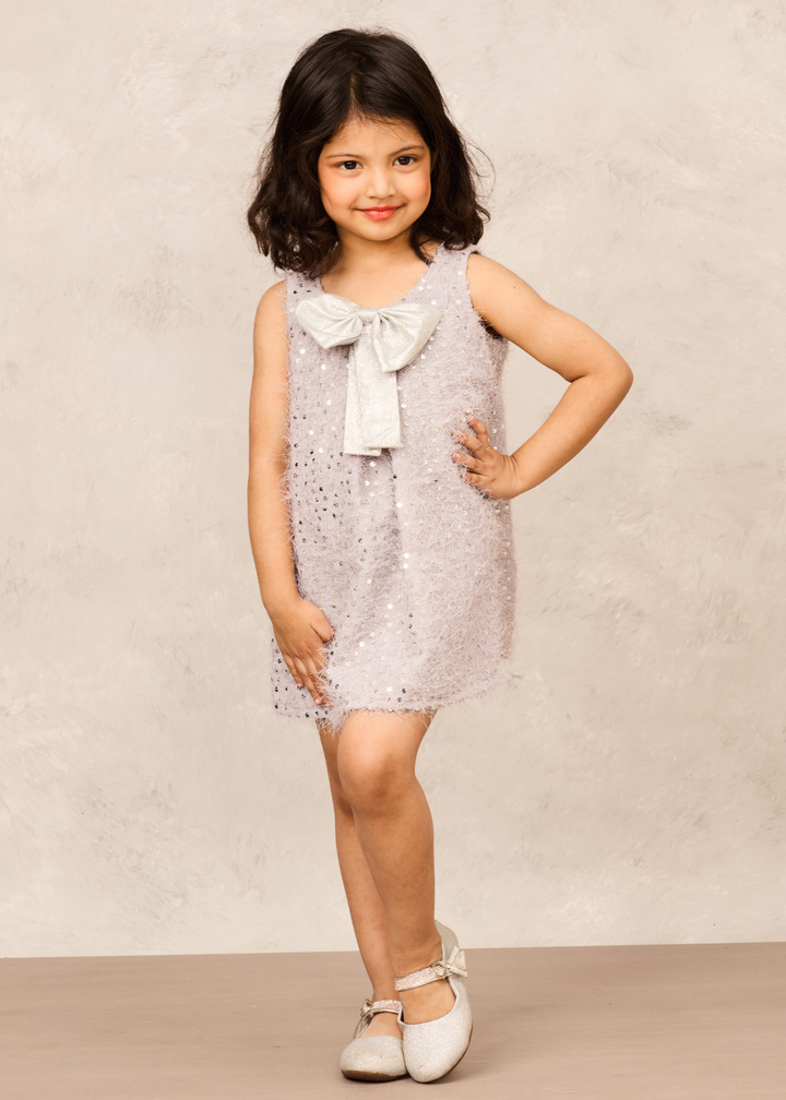 Grey Sequence With Bow Detailing A Line Dress