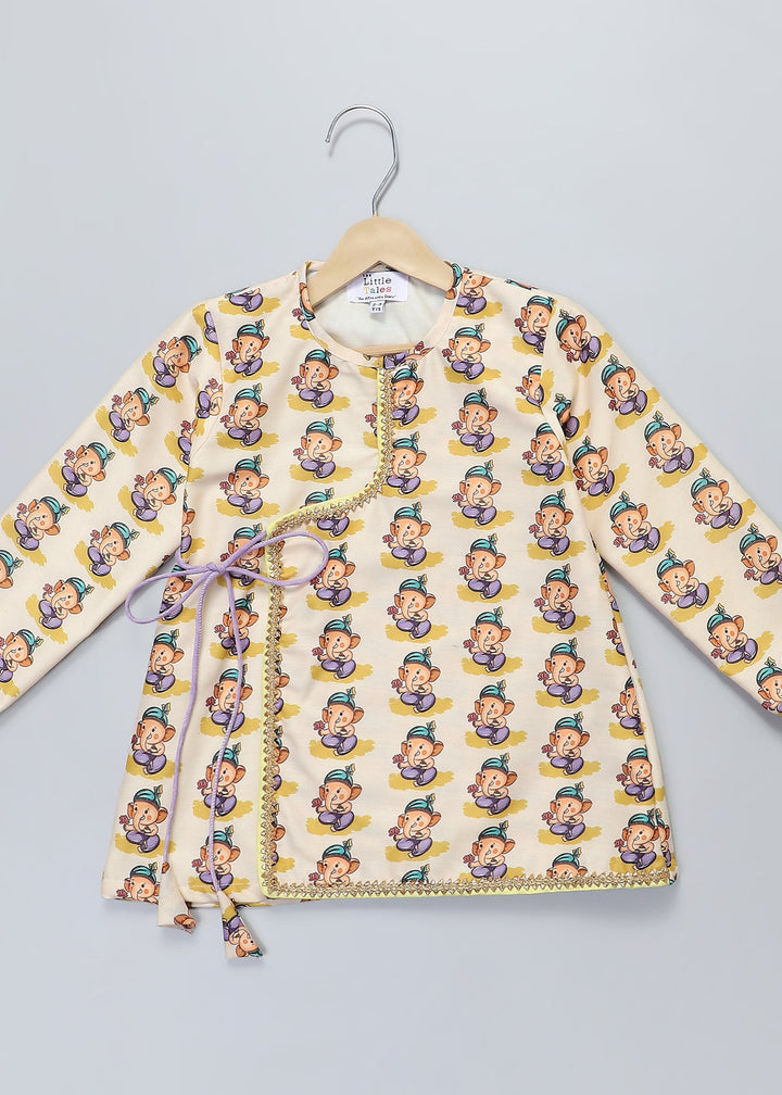 Off White Ganpati Printed Kurta With Yellow Dhoti Set