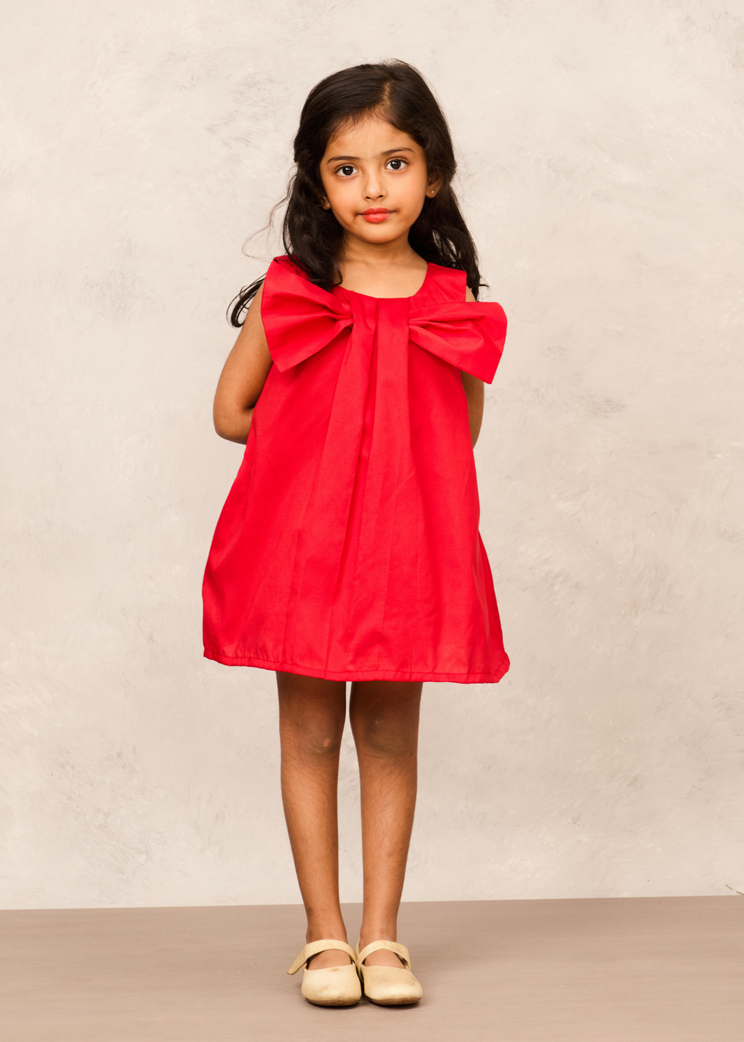 Red Taffeta With Box Pleats & Bow Party Dress