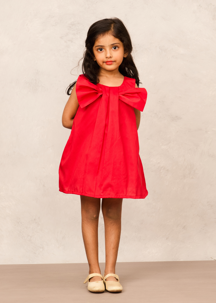 Red Taffeta With Box Pleats & Bow Party Dress