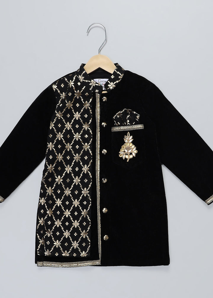 Black Velvet Kurta Pyjama With Chanderi Panel Set