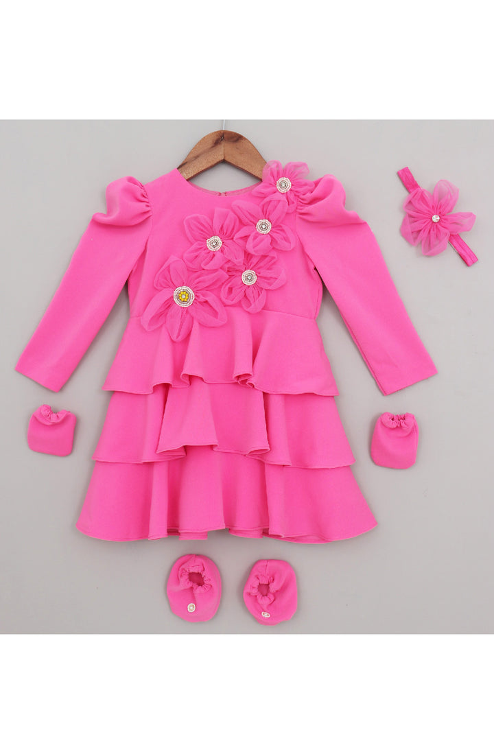 Pink Flower Detailing Puff Sleeves Dress With Hairband