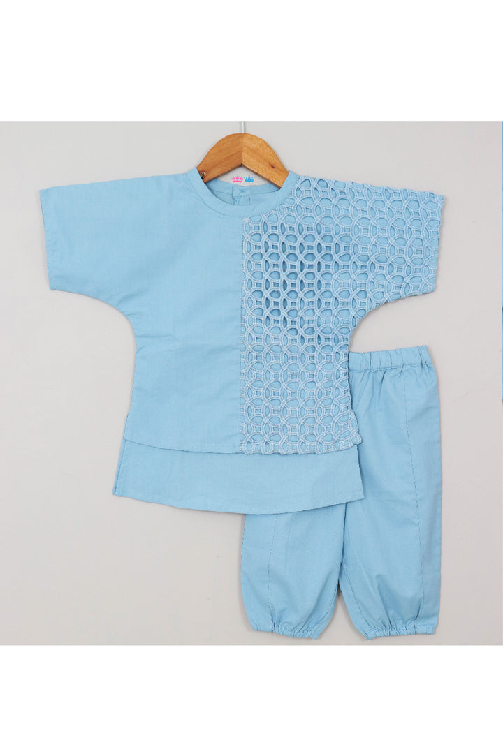 Blue Cotton Short Sleeves Top With Jogger Set