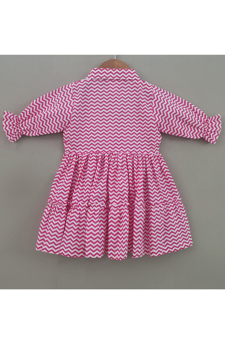 Pink Zigzag Printed Cotton Shirt Style Dress