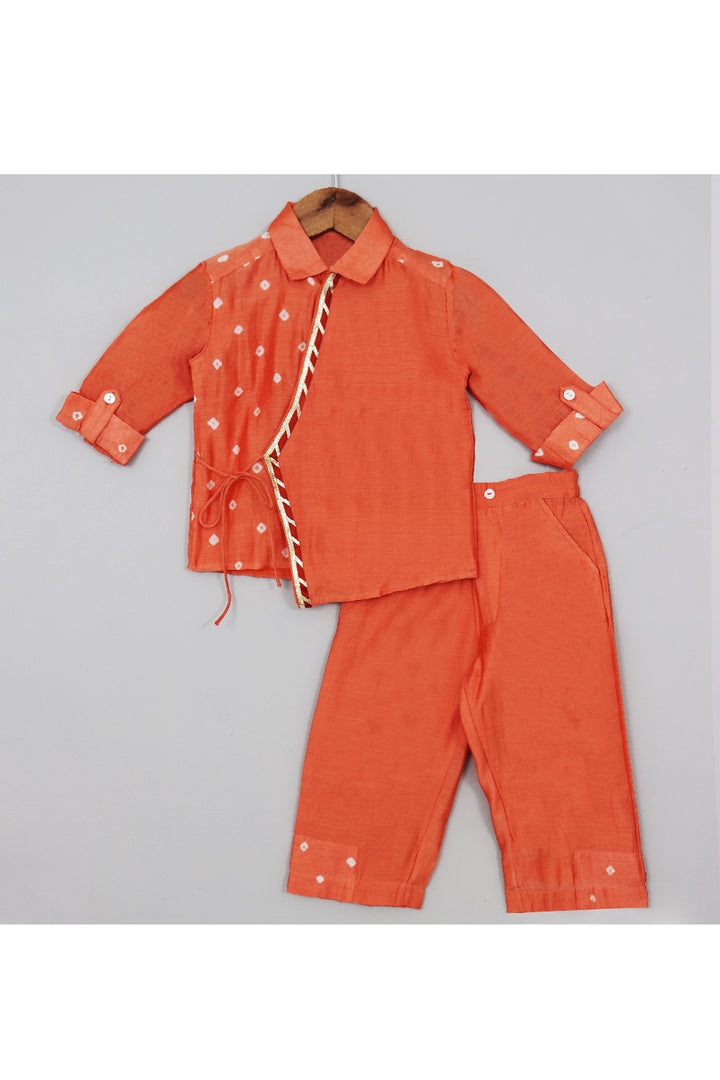Orange Bandhani Printed Angarkha Style Shirt With Pant Set