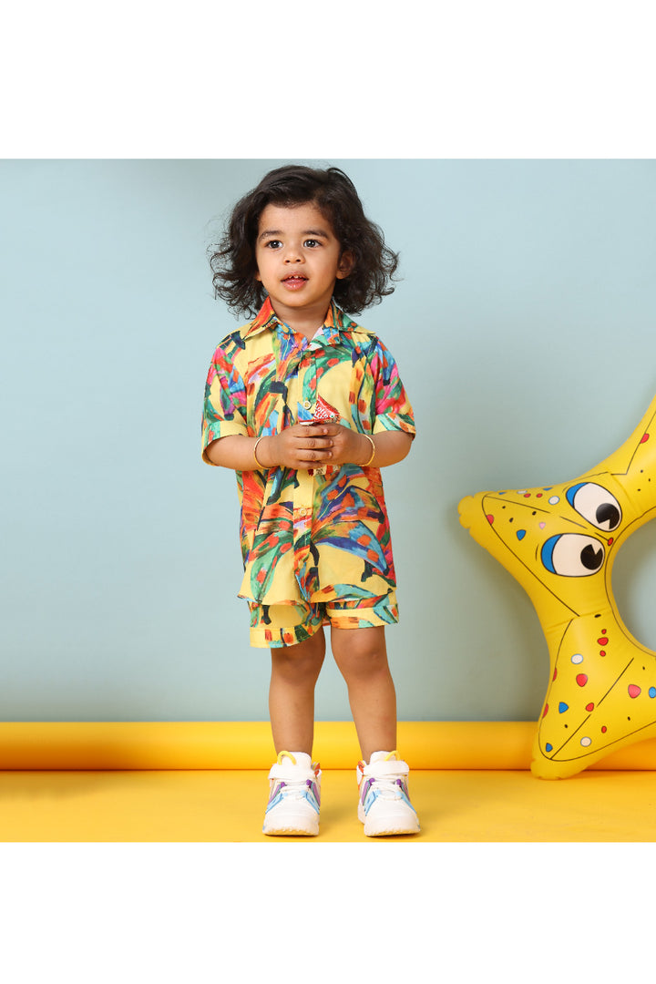 Yellow Banana Printed Cotton Shirt With Short Set