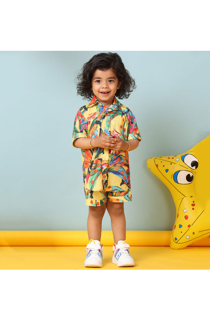 Yellow Banana Printed Cotton Shirt With Short Set