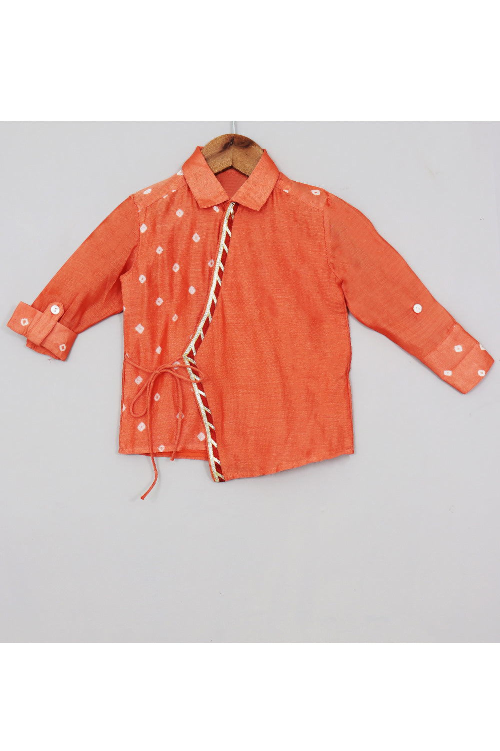 Orange Bandhani Printed Angarkha Style Shirt With Pant Set