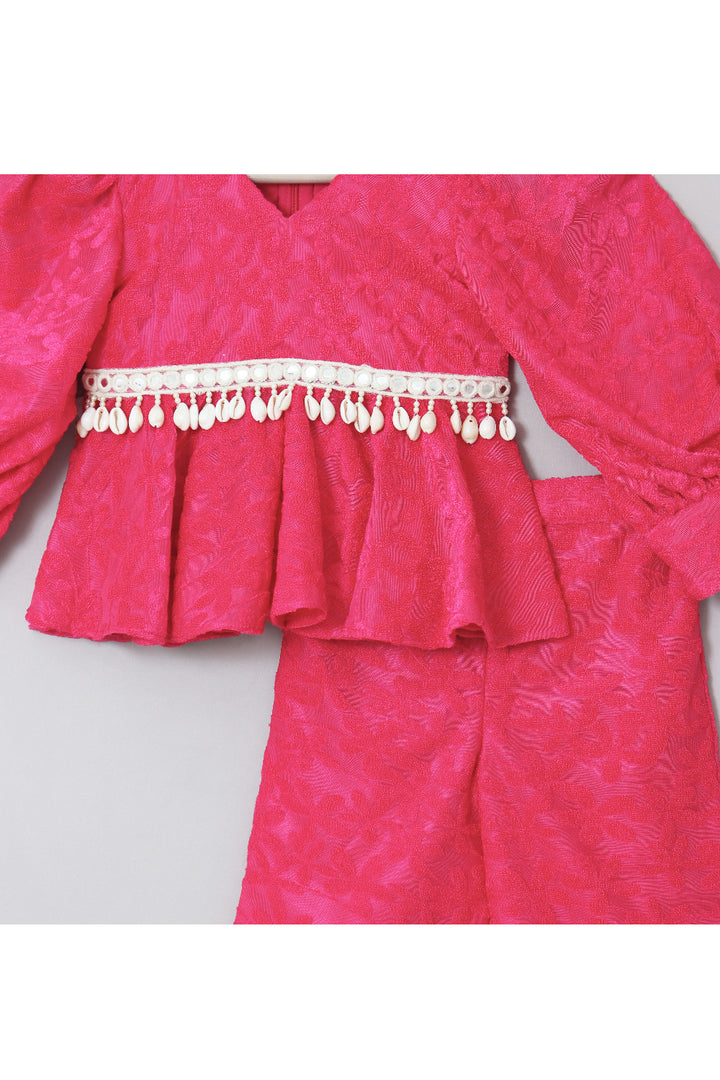 Pink Thread Embroidered Peplum Style Top With Palazzo Set