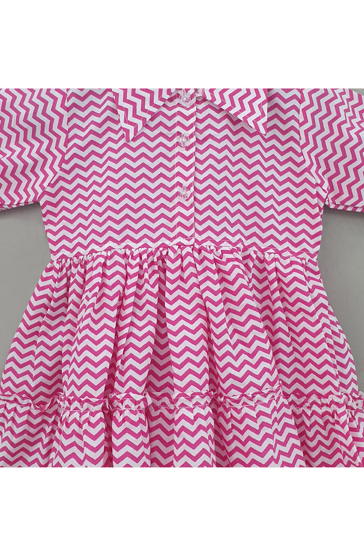 Pink Zigzag Printed Cotton Shirt Style Dress