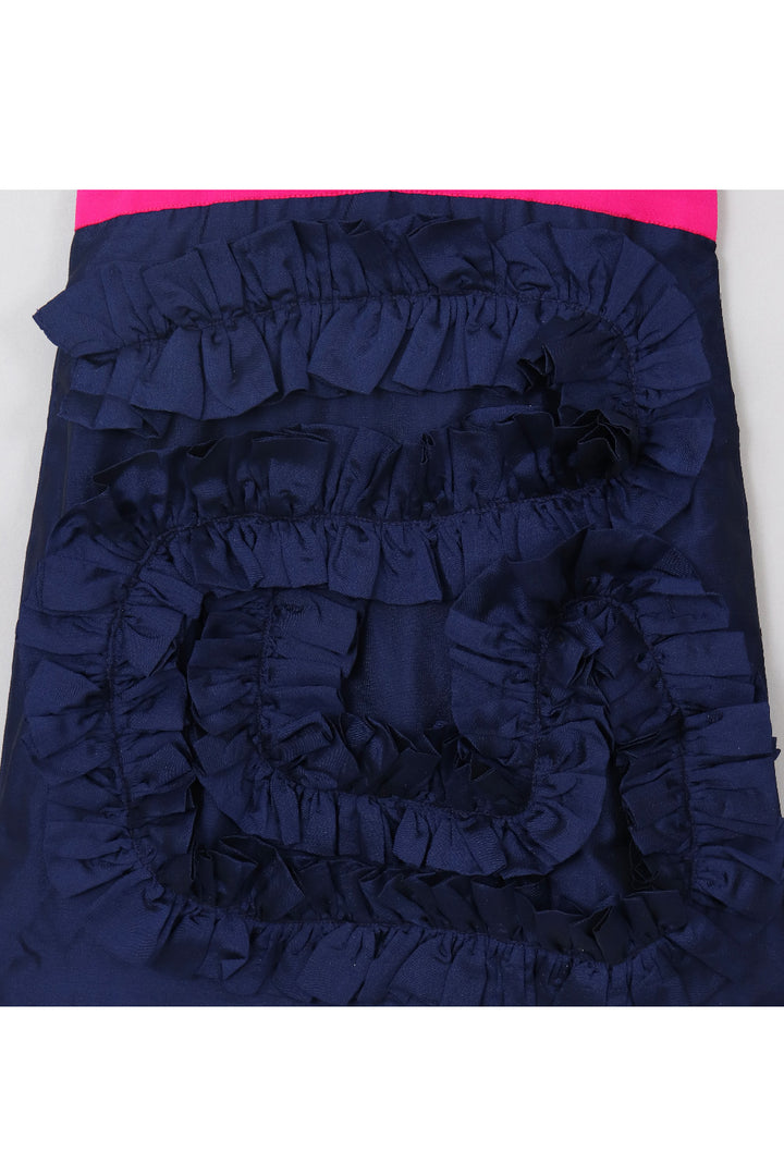 Navy Blue Frill Sleeveless Silk Dress
