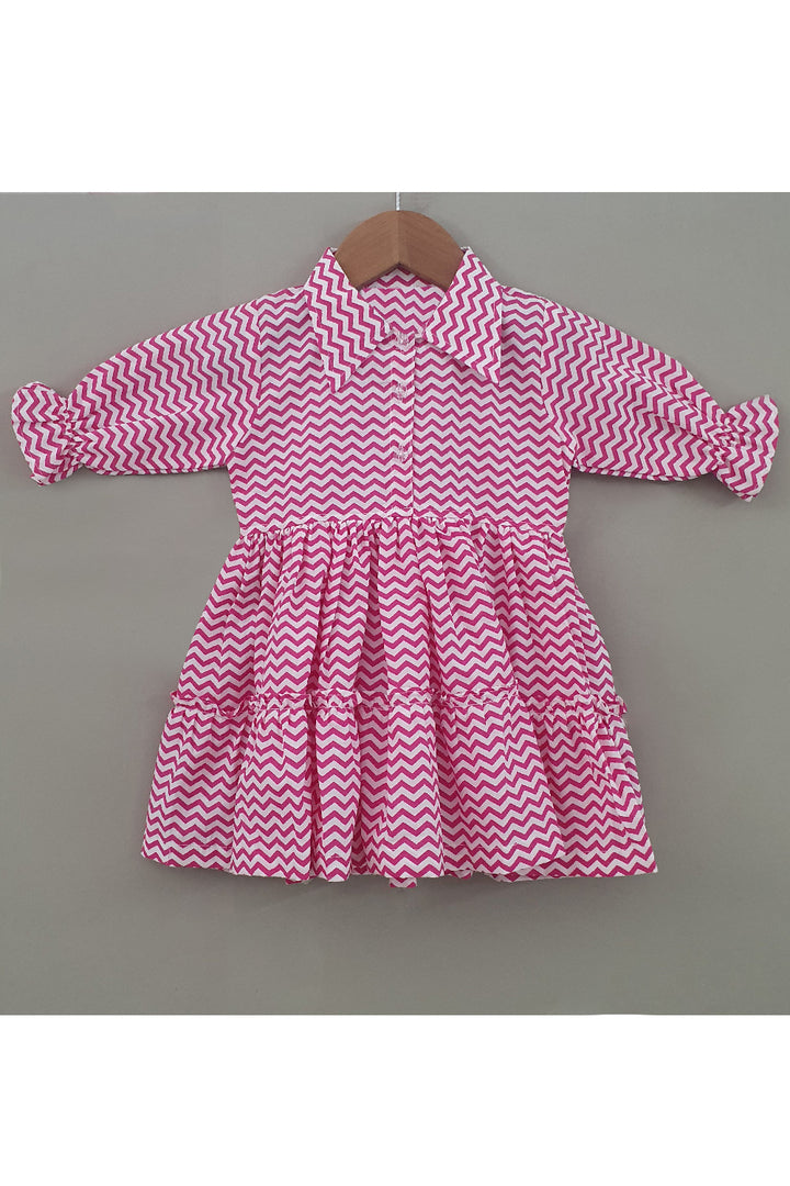 Pink Zigzag Printed Cotton Shirt Style Dress