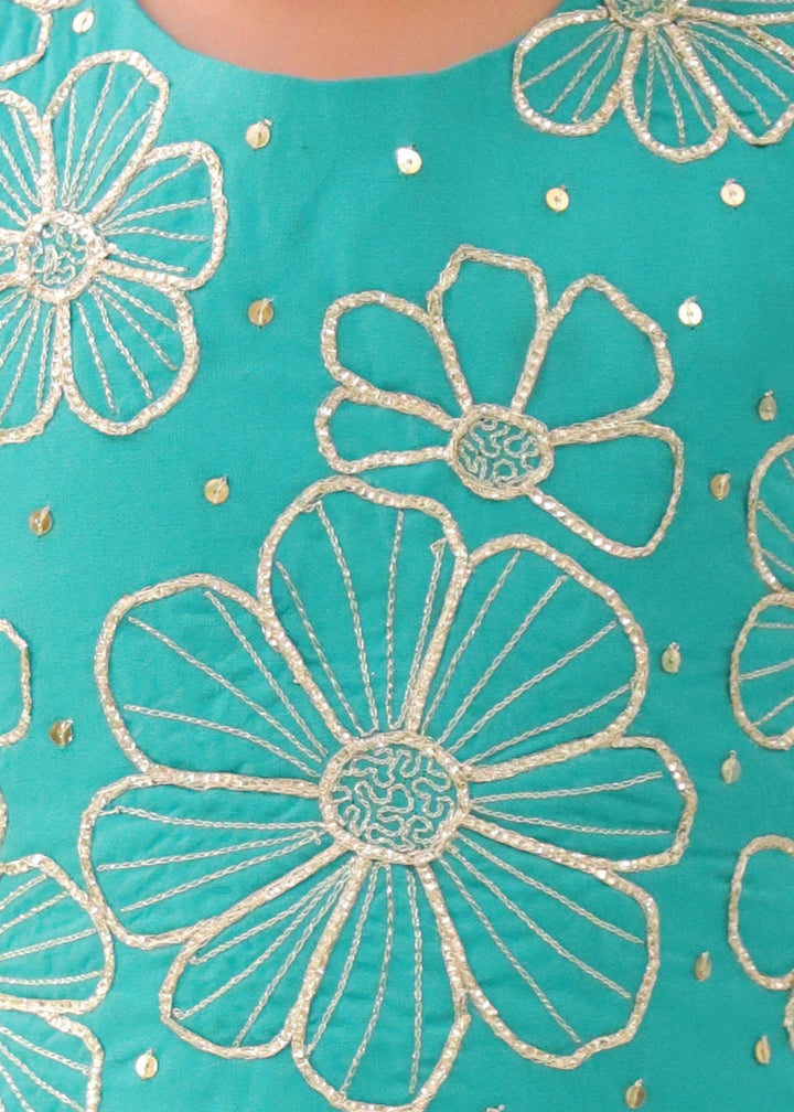 Green Heart Pattern Foil Printed Crop Top With Dhoti Set