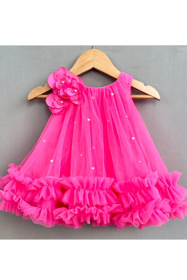 Hot Pink Handmade Flower And Pearls Embellished Dress