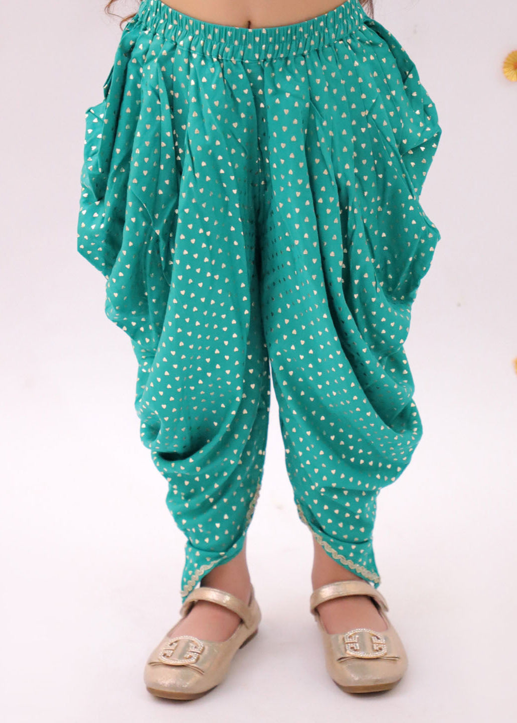 Green Heart Pattern Foil Printed Crop Top With Dhoti Set