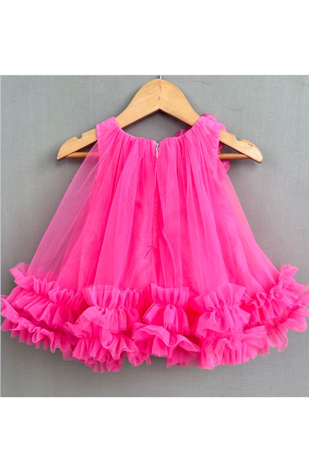 Hot Pink Handmade Flower And Pearls Embellished Dress