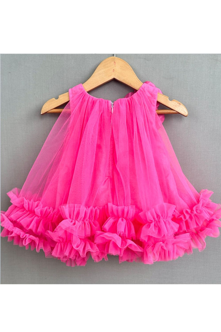 Hot Pink Handmade Flower And Pearls Embellished Dress
