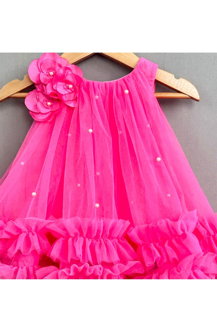 Hot Pink Handmade Flower And Pearls Embellished Dress