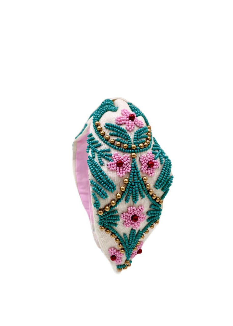 Pink Floral Beads Embroidered Hairband