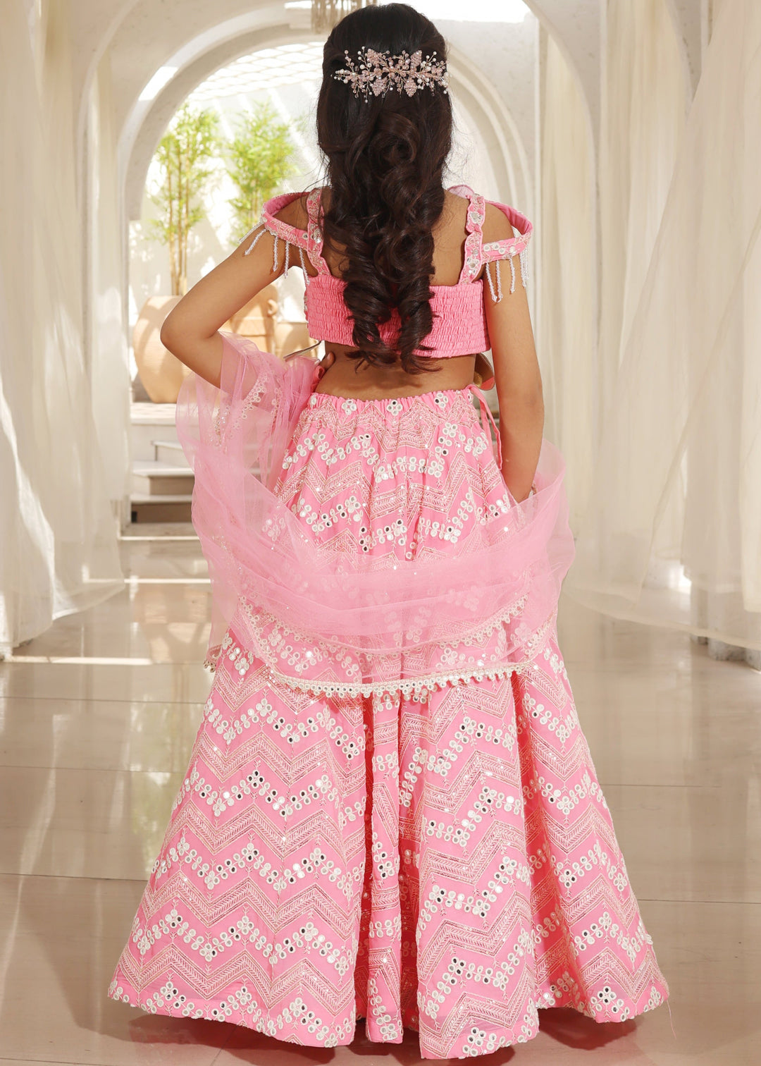 Neon Pink Mirror Embroidered Lehenga Choli with Dupatta Set