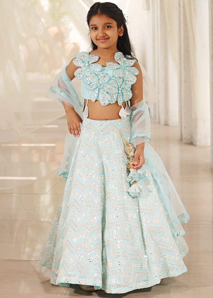 Blue Mirror Embroidered 3D Flowers Lehenga Choli with Dupatta Set