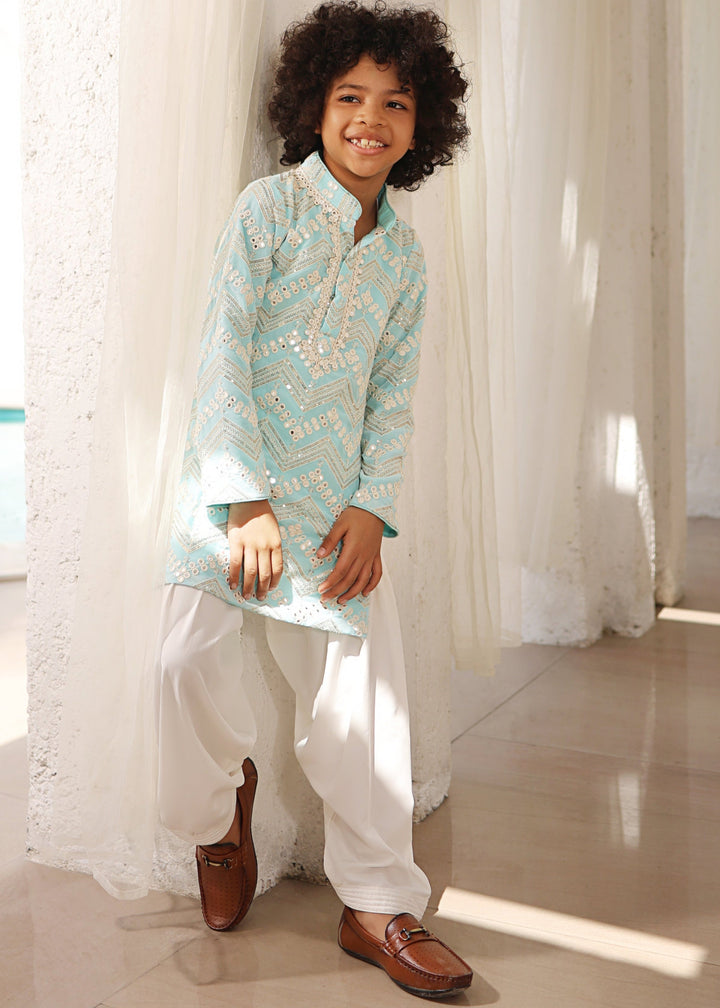 Ice Blue Mirror Embroidered Kurta with Salwar Set
