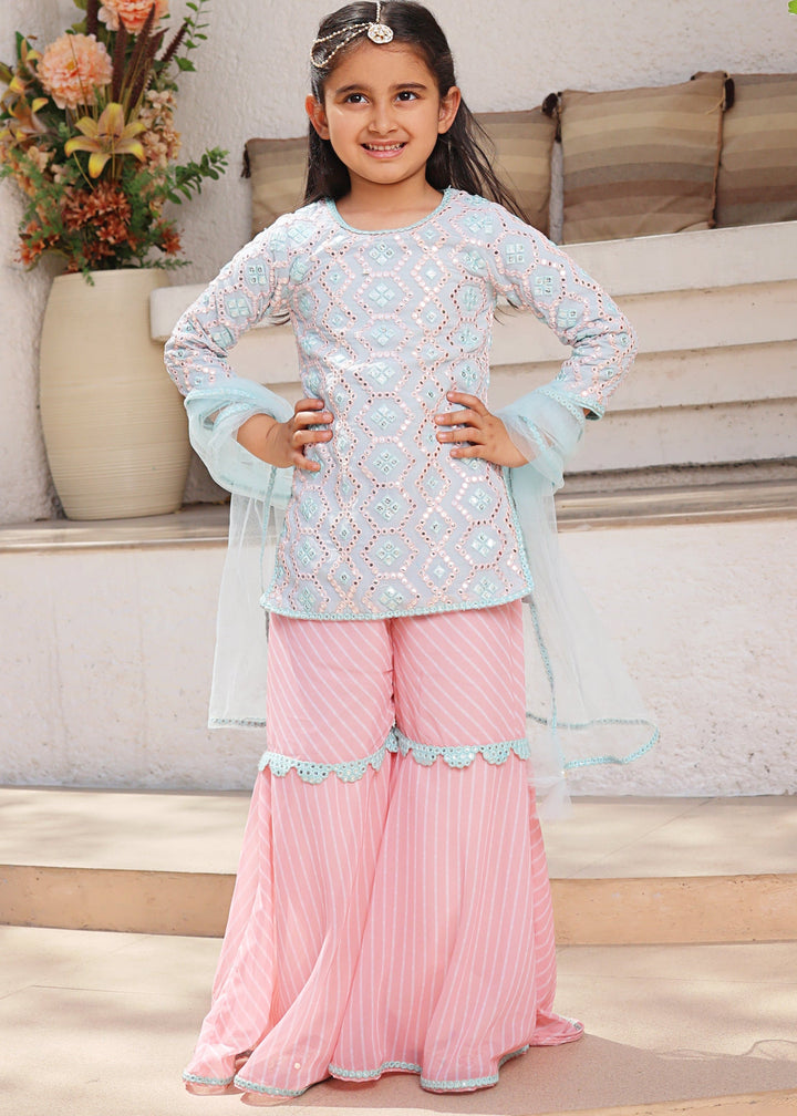 Pastel Mirror Embroidered Kurti with Leheriya Sharara Set