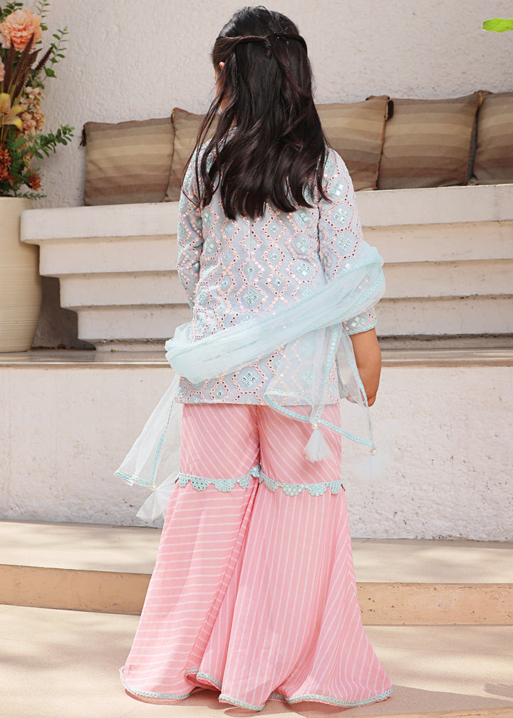 Pastel Mirror Embroidered Kurti with Leheriya Sharara Set