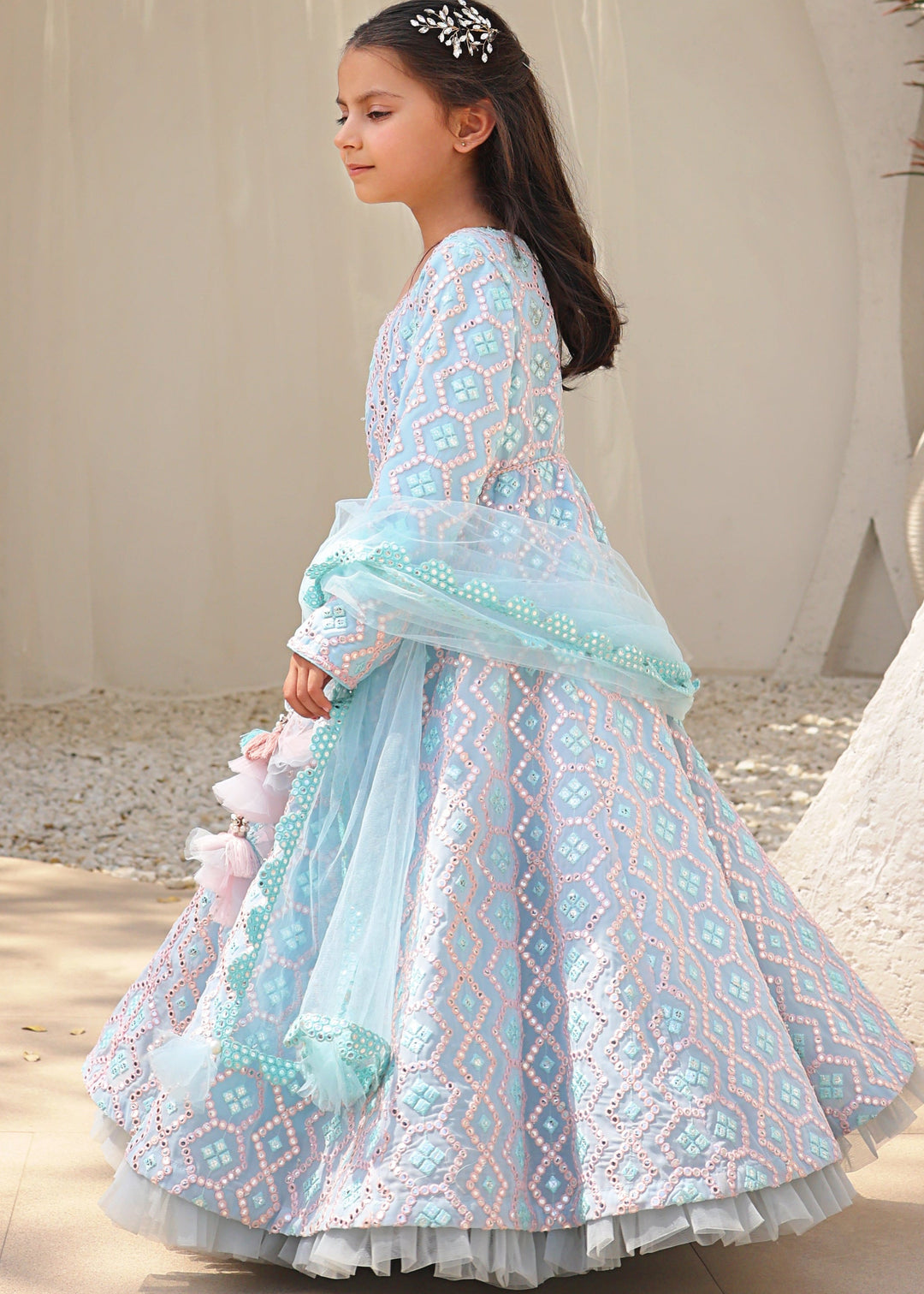 Blue Mirror Embroidered Georgette Anarkali Suit with Dupatta Set