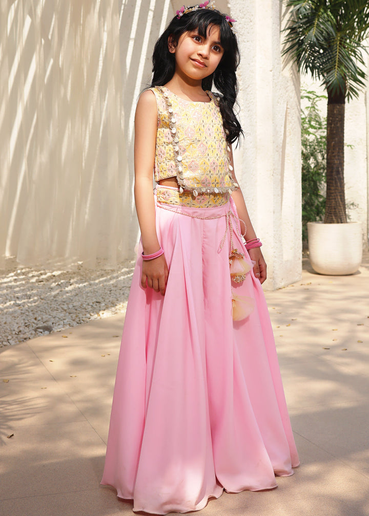 Yellow Cotton Embroidered Top with Palazzo Set