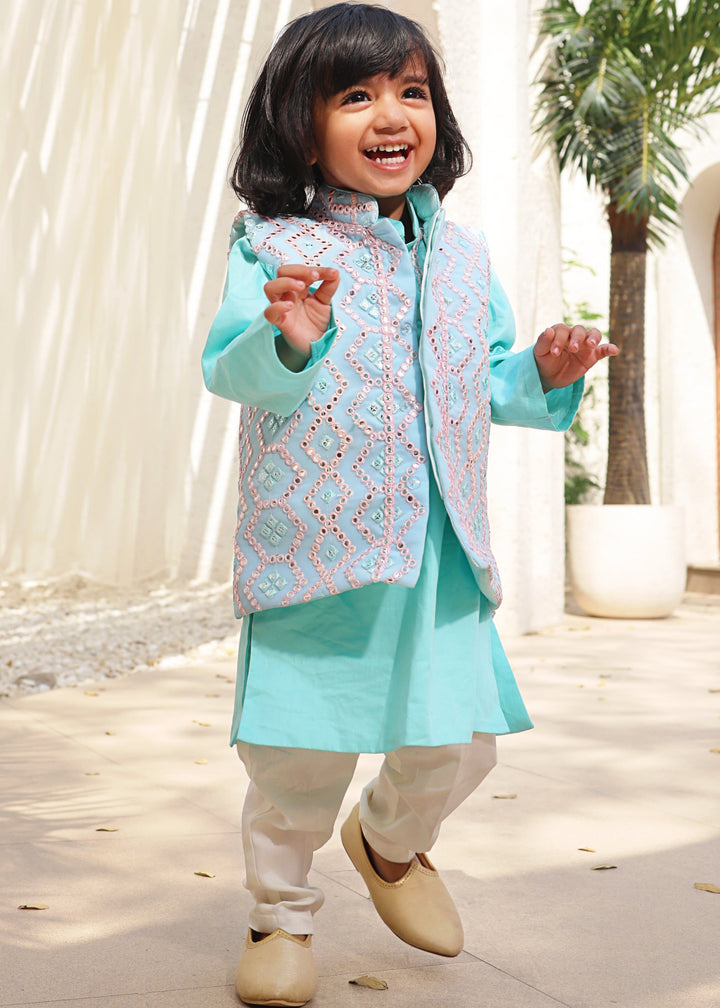 Ice Blue Embroidered Kurta Pant with jacket set