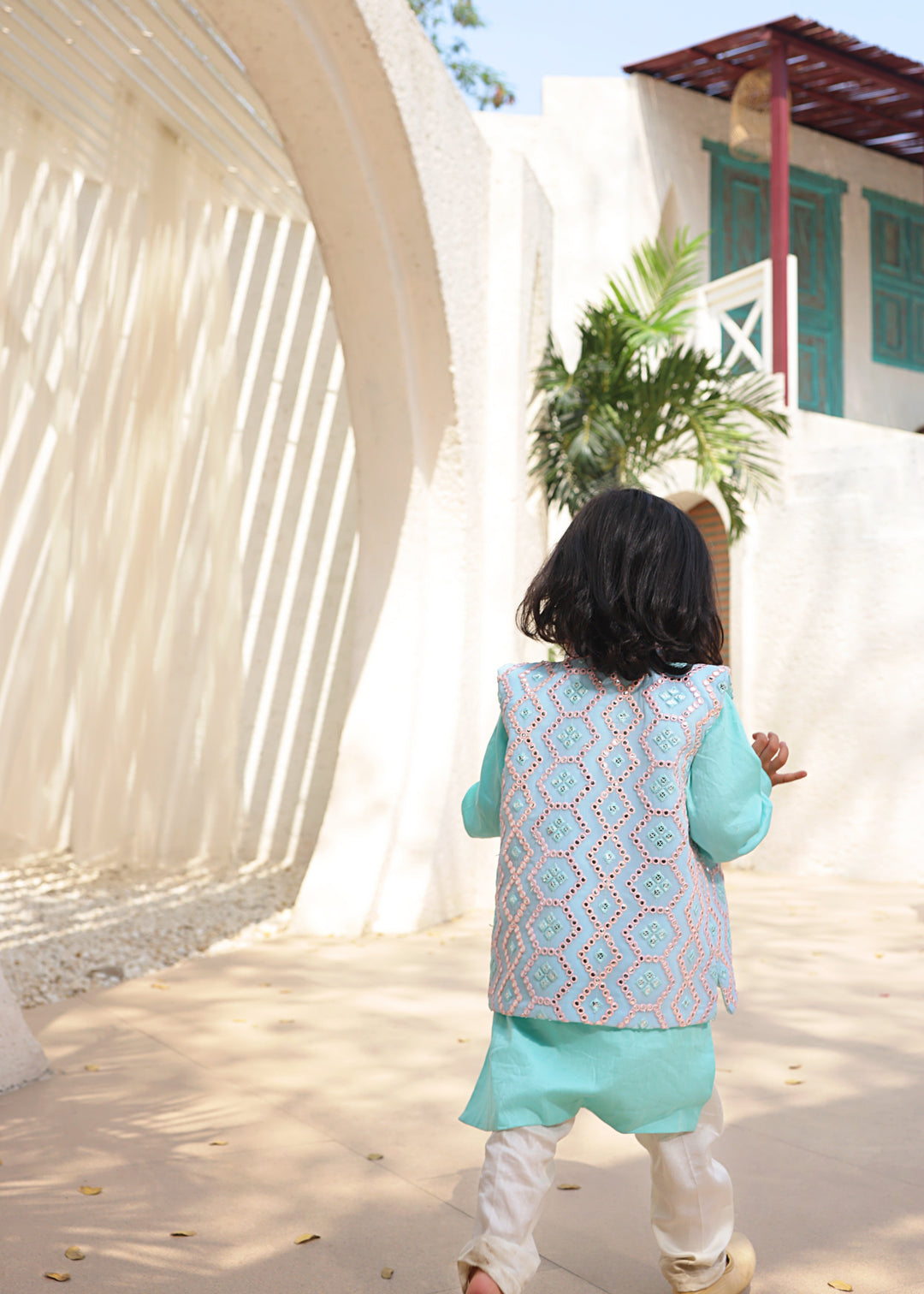 Ice Blue Embroidered Kurta Pant with jacket set