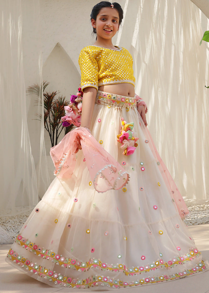 Yellow Mirror Embroidered Net Lehenga Choli with Dupatta Set