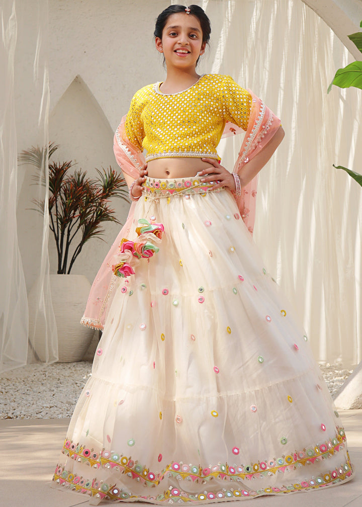 Yellow Mirror Embroidered Net Lehenga Choli with Dupatta Set