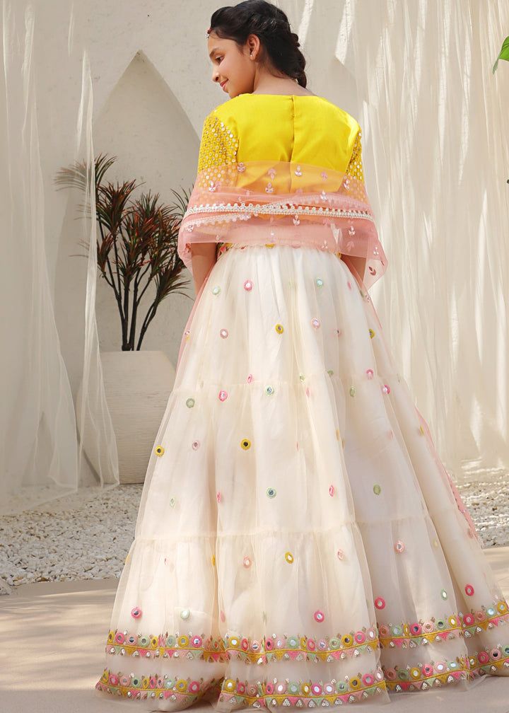 Yellow Mirror Embroidered Net Lehenga Choli with Dupatta Set