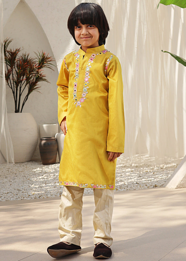 Mustard Yellow Glace Cotton Kurta With Beige Pant Set