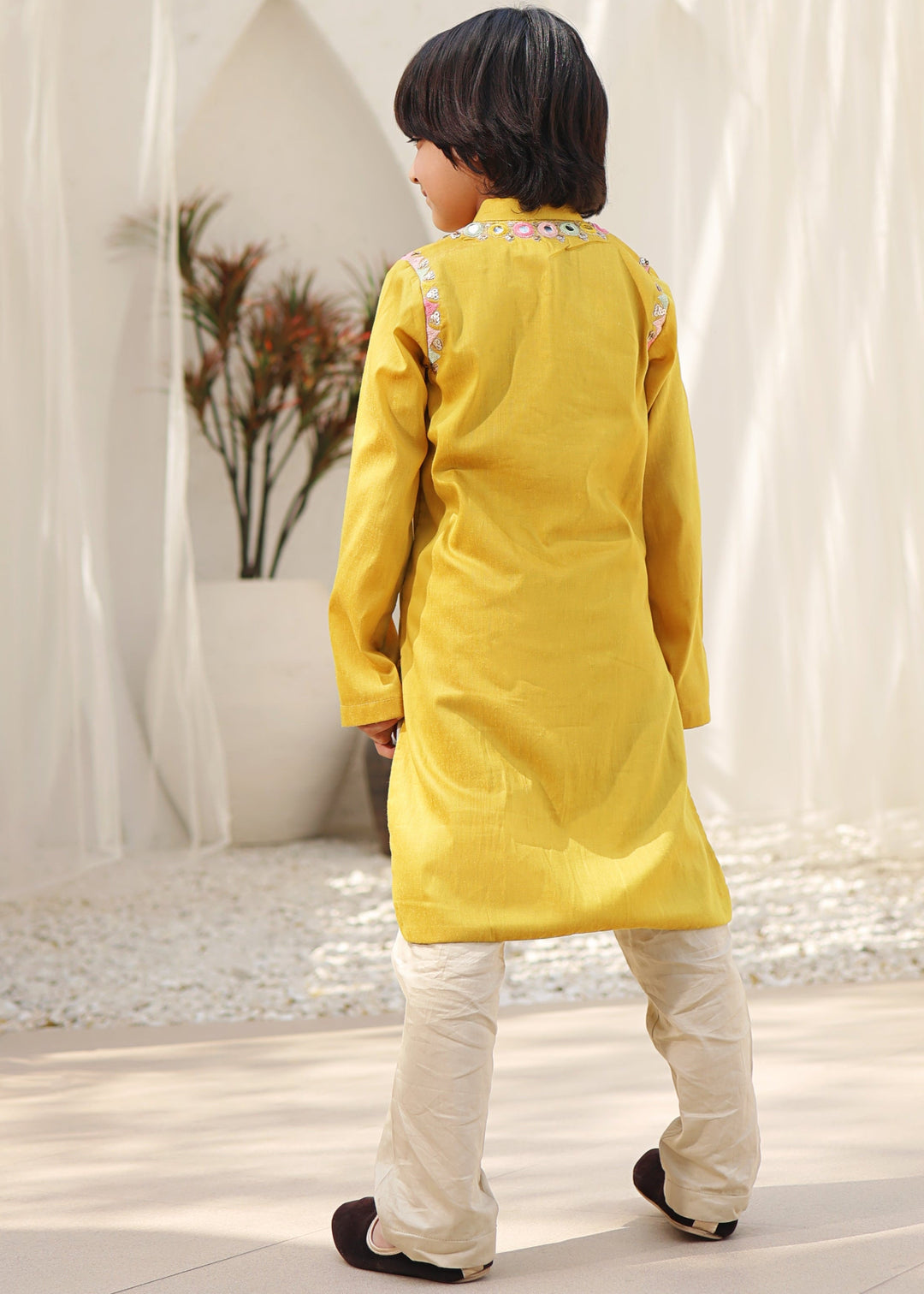 Mustard Yellow Glace Cotton Kurta With Beige Pant Set