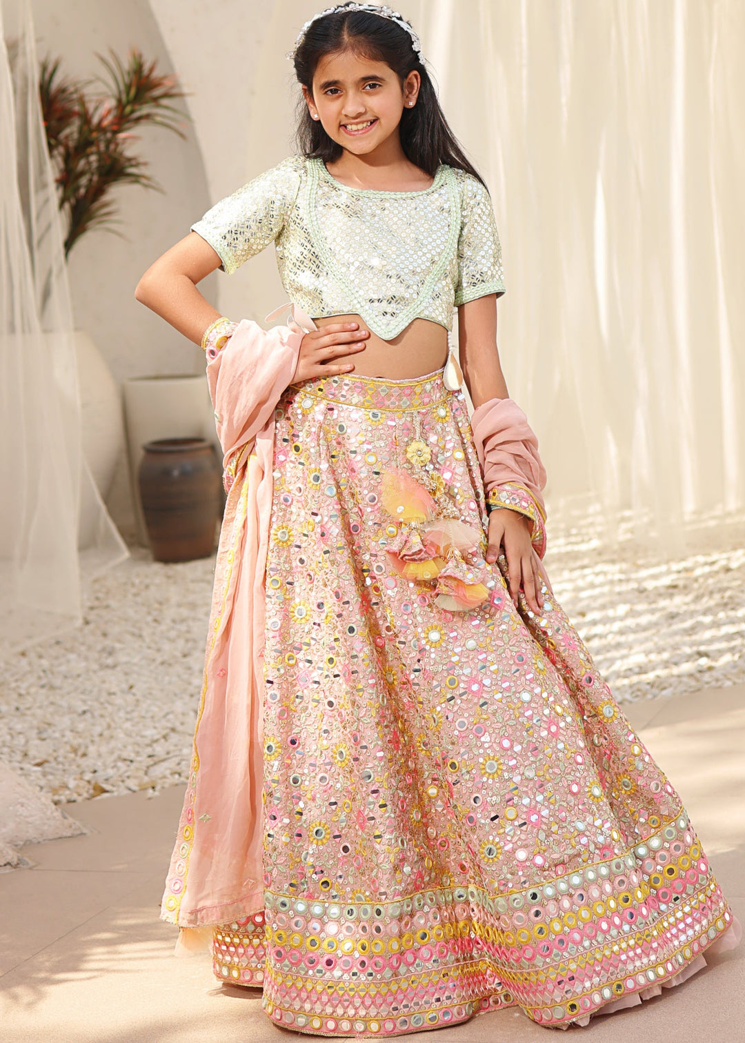 Peach Embroidered Georgette Lehenga Choli with Dupatta Set