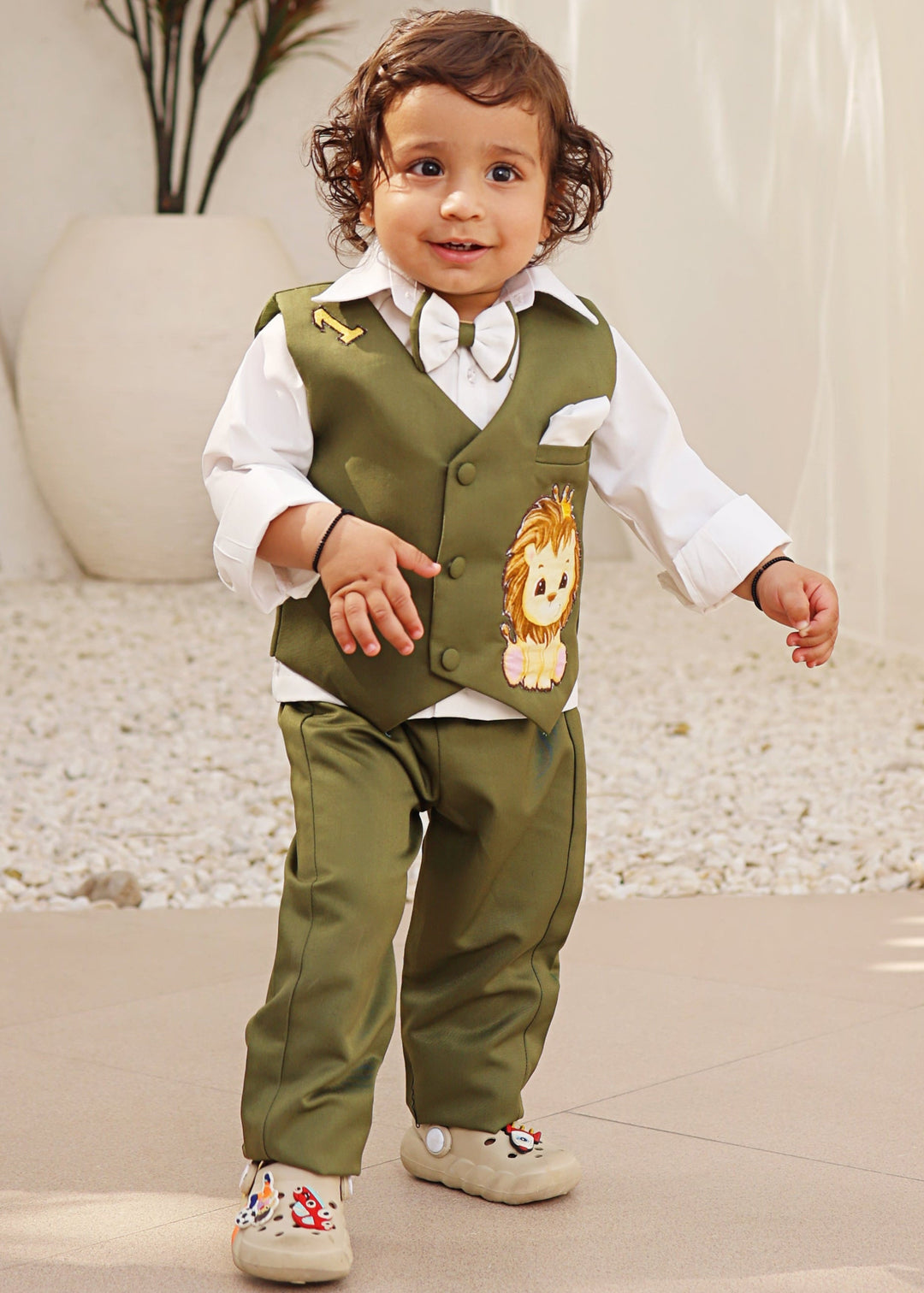 Off White Cotton Shirt With Green Motif Embroidered Sleeveless Waistcoat Set