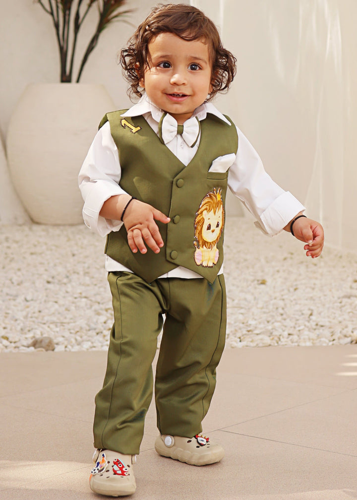 Off White Cotton Shirt With Green Motif Embroidered Sleeveless Waistcoat Set