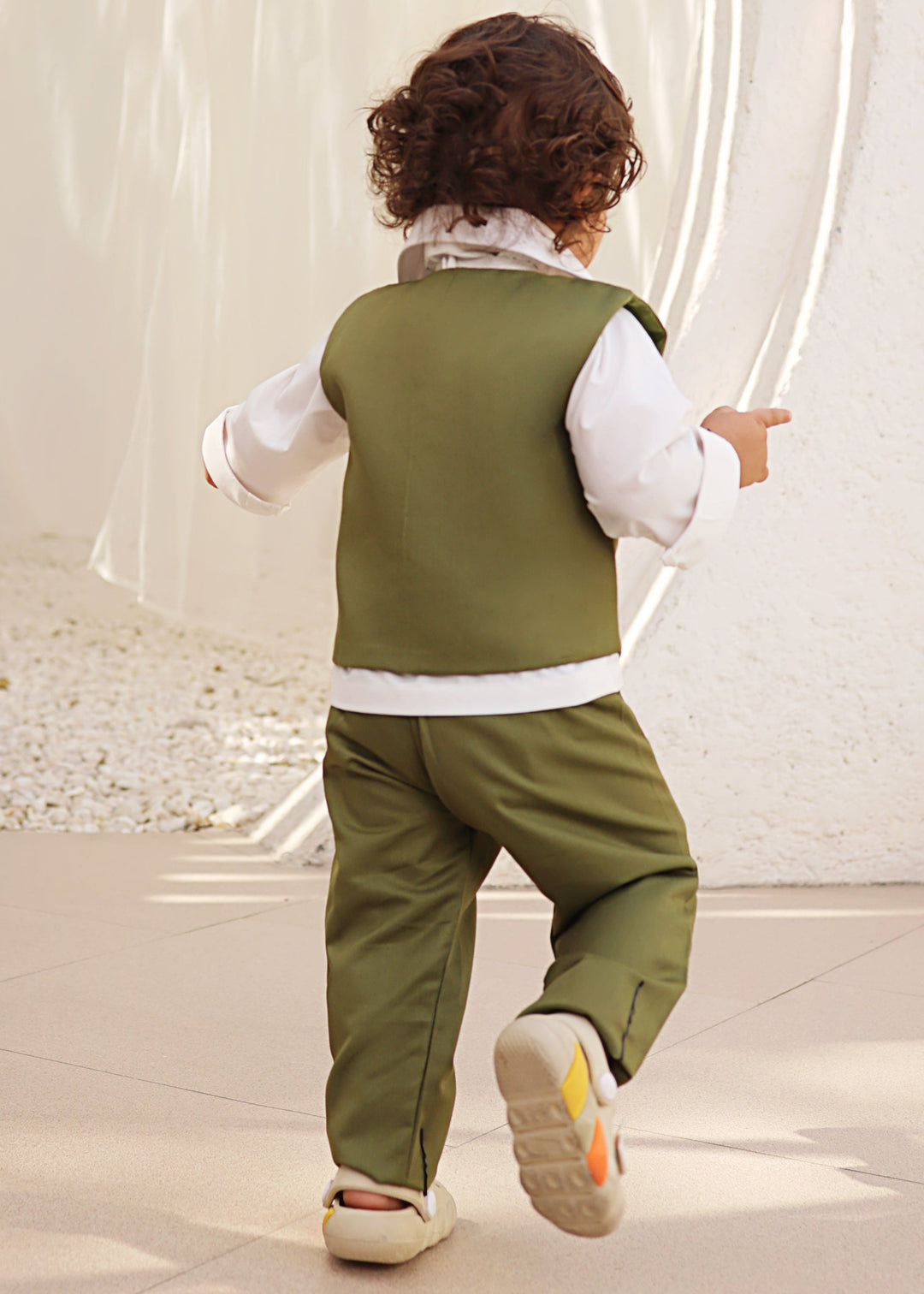 Off White Cotton Shirt With Green Motif Embroidered Sleeveless Waistcoat Set