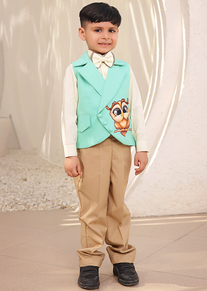 Green Owl Motifs Waist Coat With Shirt And Pant Set