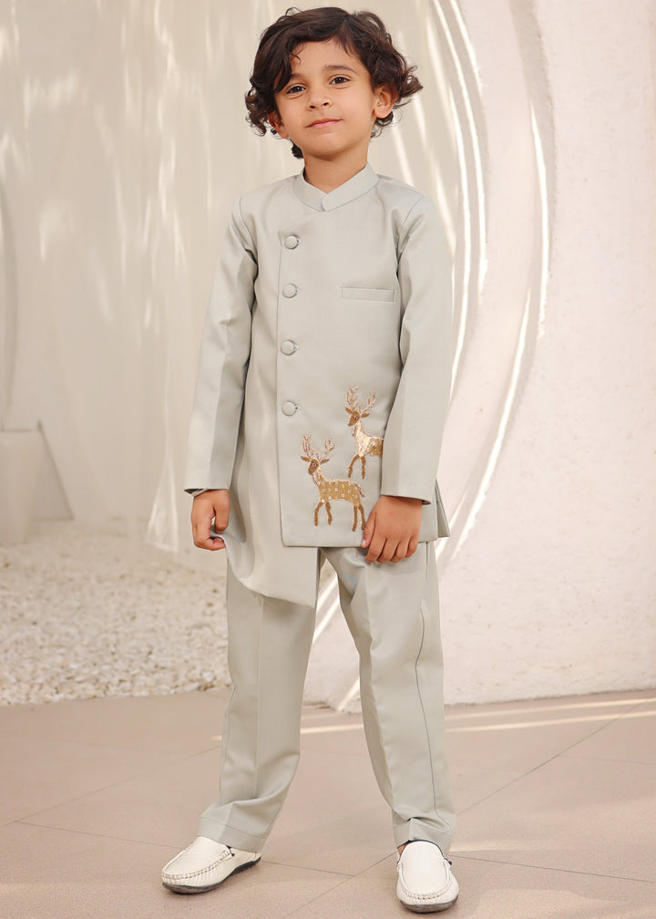 Green Deer Motif Bandgala With Pant Set