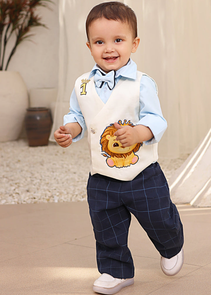 Blue Cotton Shirt With Off White Motif Embroidered Sleeveless Waistcoat Set