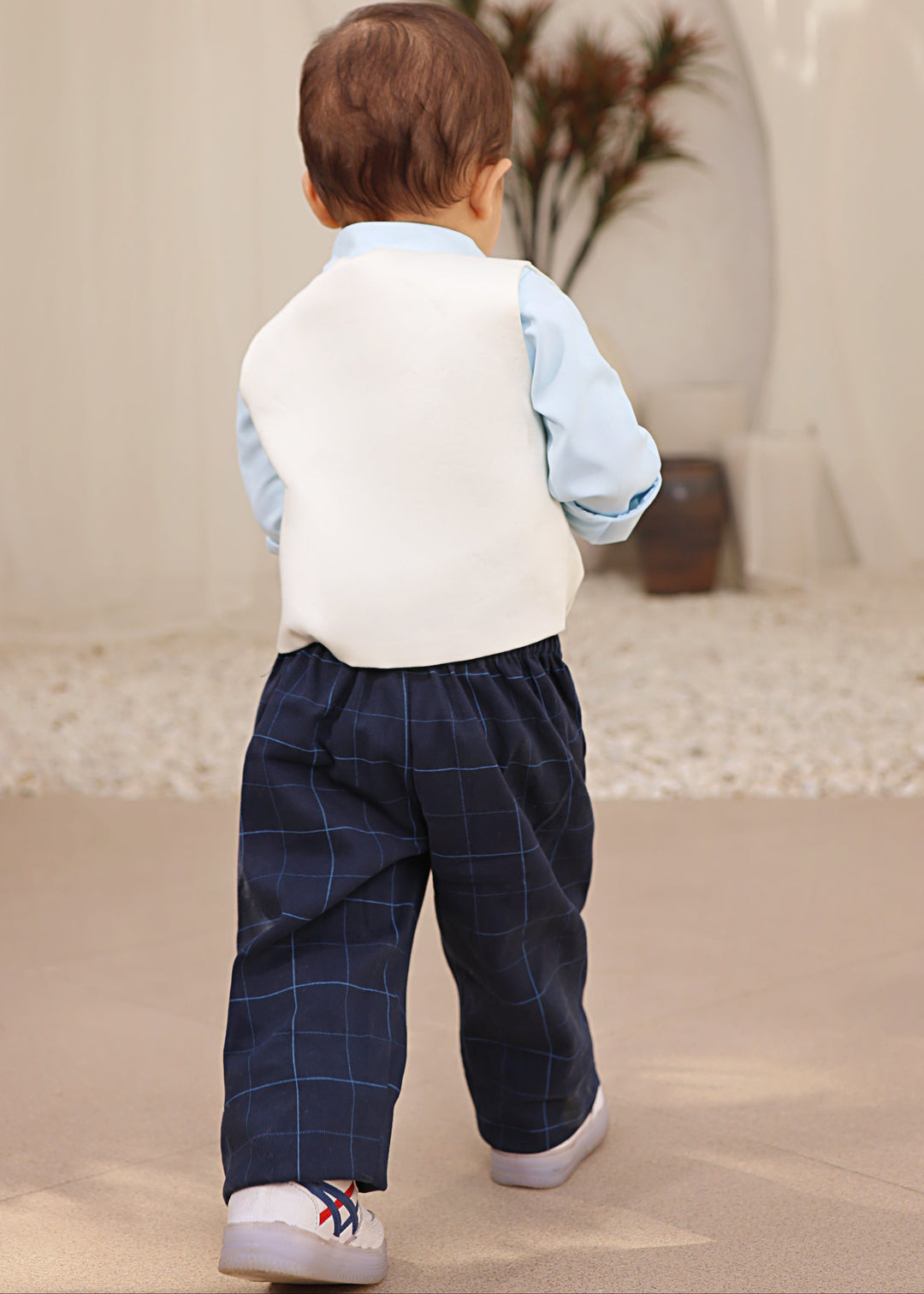 Blue Cotton Shirt With Off White Motif Embroidered Sleeveless Waistcoat Set